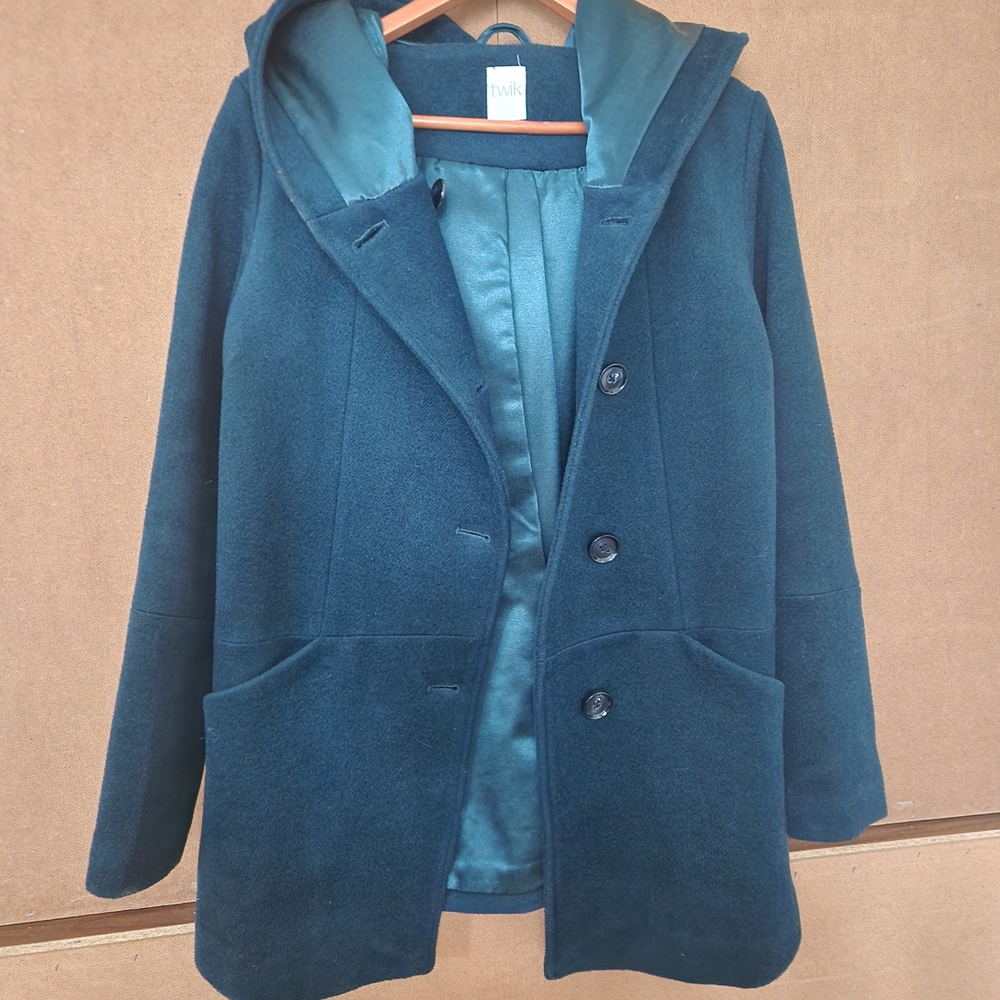 Womens Green Wool Blend Coat with Hood
